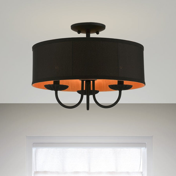 Livex Winchester 3 Light Semi-Flush, Black/Black/Orange Fabric