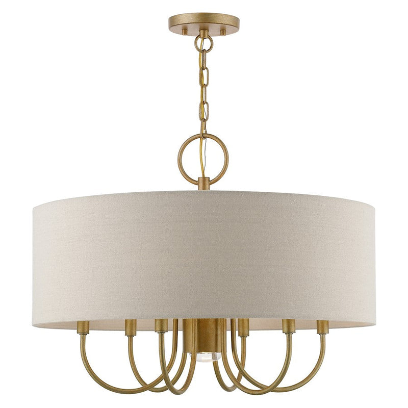 Livex Burnett 7 Light Pendant Chandelier, Gold/White/Ash-Gray Fabric - 45427-48