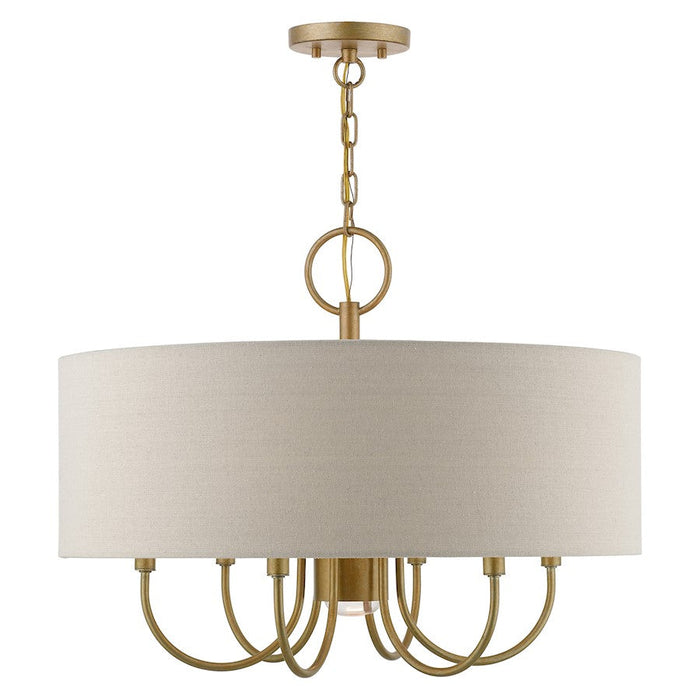 Livex Burnett 7 Light Pendant Chandelier, Gold/White/Ash-Gray Fabric