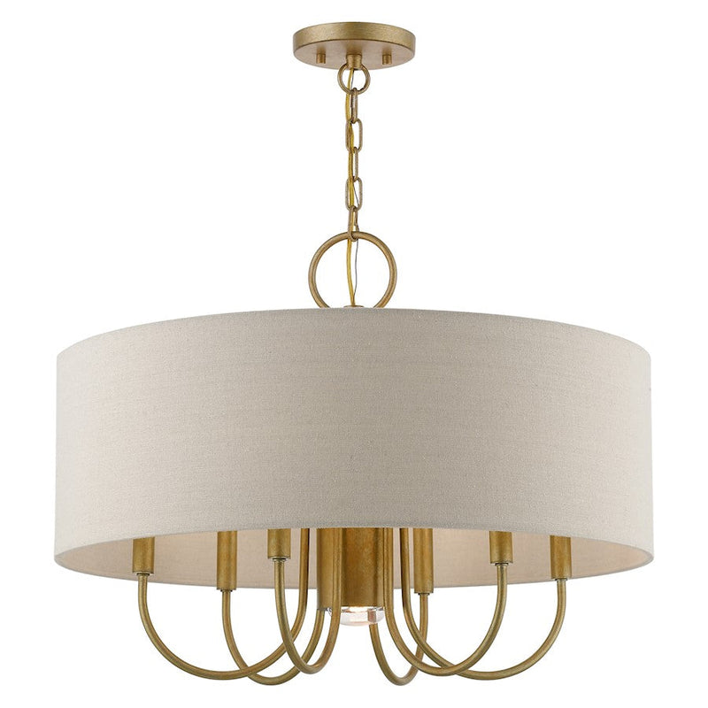 Livex Burnett 7 Light Pendant Chandelier, Gold/White/Ash-Gray Fabric