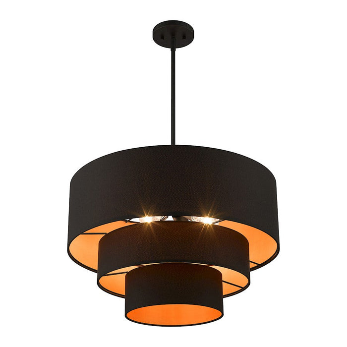 Livex Sentosa 4 Light Pendant Chandelier, Black/Orange Fabric Inside