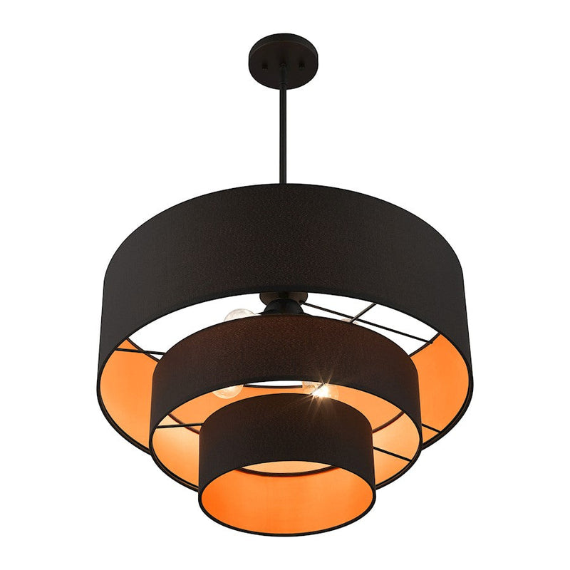 Livex Sentosa 4 Light Pendant Chandelier, Black/Orange Fabric Inside