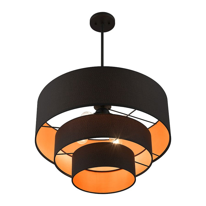 Livex Sentosa 4 Light Pendant Chandelier, Black/Orange Fabric Inside