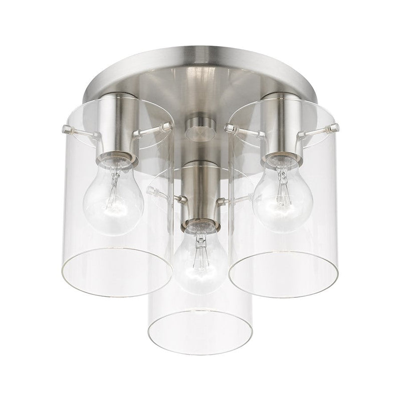 Livex Munich 3 Light Flush Mount, Brushed Nickel/Clear