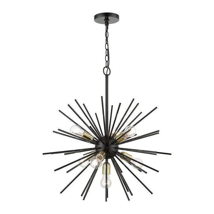 Livex Tribeca 7 Light Pendant Chandelier, Black/Brass/Iron Pipe Rods - 46175-68