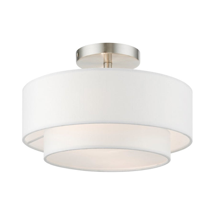 Livex Meridian 2 Light 12" Semi-Flush, Nickel/Off-white/White Fabric - 47151-91