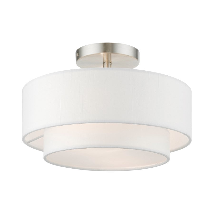 Livex Meridian 2 Light 12" Semi-Flush, Nickel/Off-white/White Fabric - 47151-91