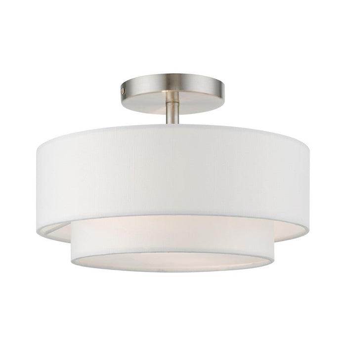 Livex Meridian 2 Light Semi-Flush, Nickel/Off-White/White Fabric