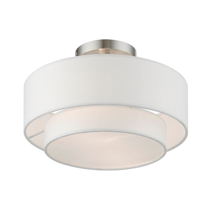 Livex Meridian 2 Light Semi-Flush, Nickel/Off-White/White Fabric