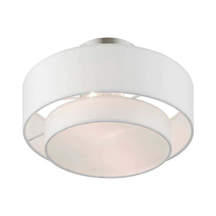 Livex Meridian 2 Light Semi-Flush, Nickel/Off-White/White Fabric