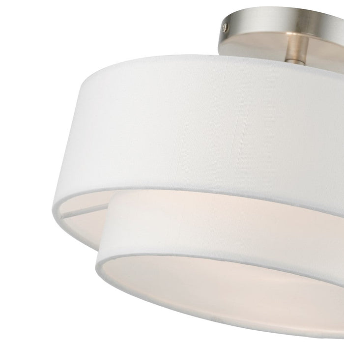 Livex Meridian 2 Light Semi-Flush, Nickel/Off-White/White Fabric