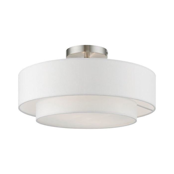 Livex Meridian 2 Light 15" Semi-Flush, Nickel/Off-white/White Fabric - 47153-91