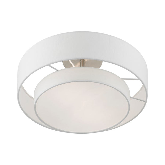 Livex Meridian 2 Light Semi-Flush, Nickel/Off-White/White Fabric