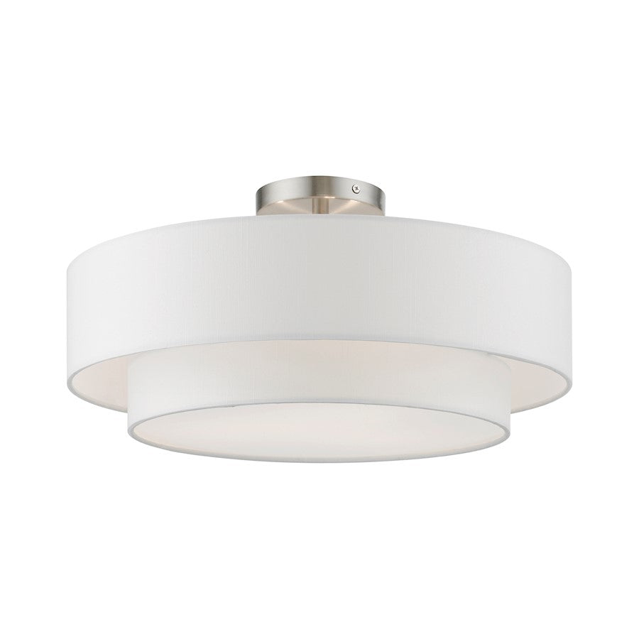 Livex Meridian 3 Light Semi-Flush, Nickel/Off-white/White Fabric - 47154-91