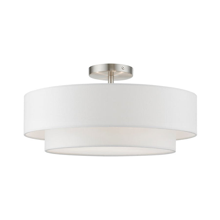 Livex Meridian Semi-Flush, Nickel/Off-White/White Fabric