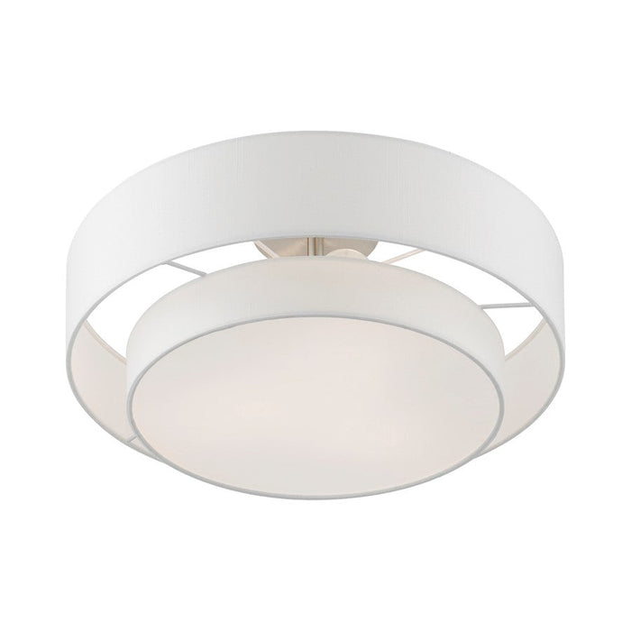 Livex Meridian Semi-Flush, Nickel/Off-White/White Fabric