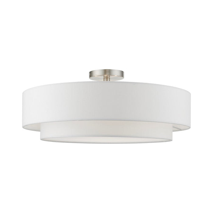 Livex Meridian Semi-Flush, Nickel/Off-White/White Fabric