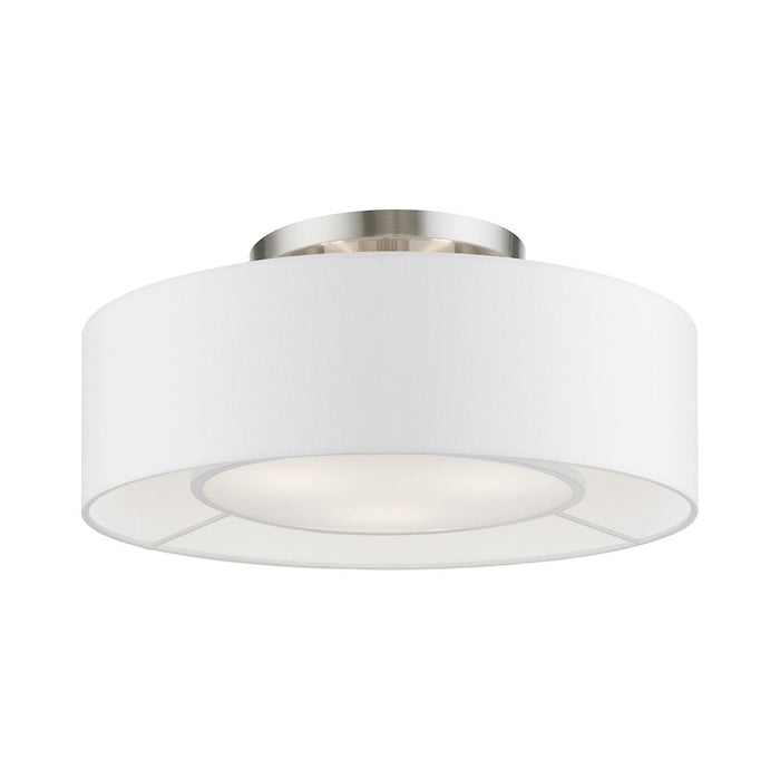 Livex Gilmore 3 Light Semi-Flush, Nickel/White/Off-white/White Fabric - 47173-91