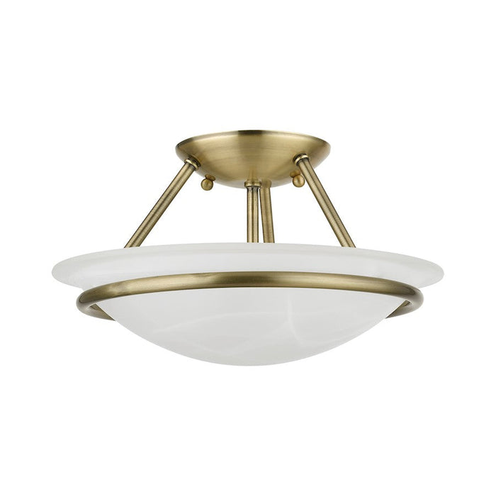 Livex Newburgh 2 Light Semi-Flush, Antique Brass/White Alabaster