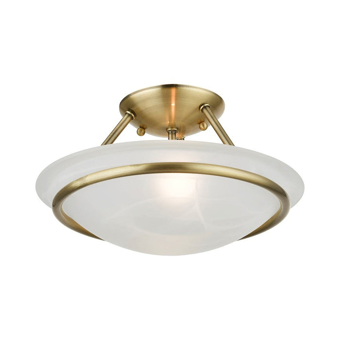 Livex Newburgh 2 Light Semi-Flush, Antique Brass/White Alabaster