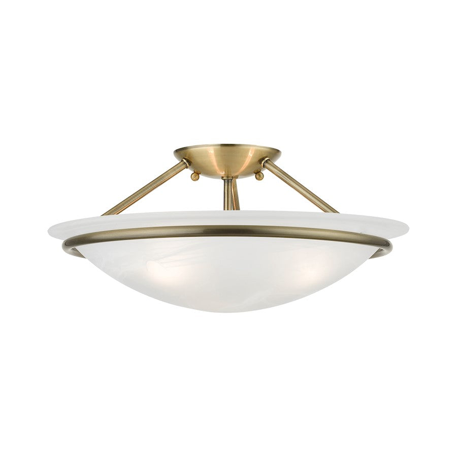 Livex Newburgh 3 Light 7" Semi-Flush, Antique Brass/White Alabaster - 4824-01