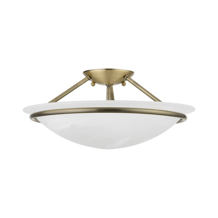 Livex Newburgh 3 Light Semi-Flush, Antique Brass/White Alabaster