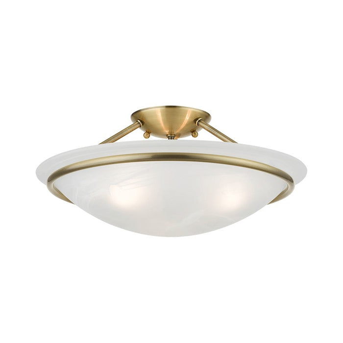 Livex Newburgh 3 Light Semi-Flush, Antique Brass/White Alabaster