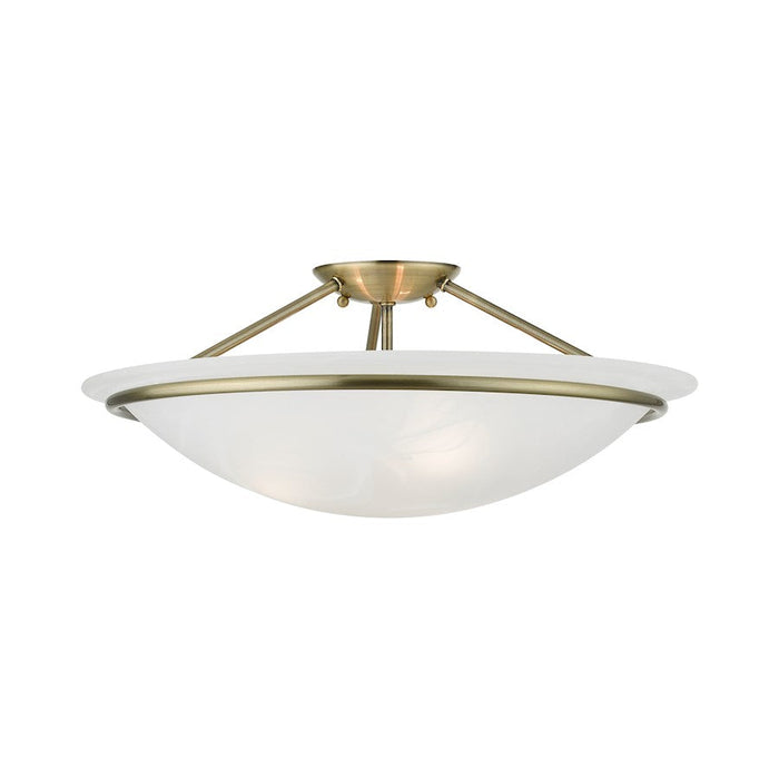 Livex Newburgh 3 Light 8" Semi-Flush, Antique Brass/White Alabaster - 4825-01