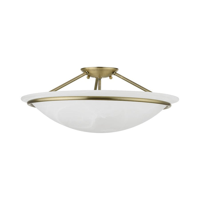 Livex Newburgh 3 Light Semi-Flush, Antique Brass/White Alabaster