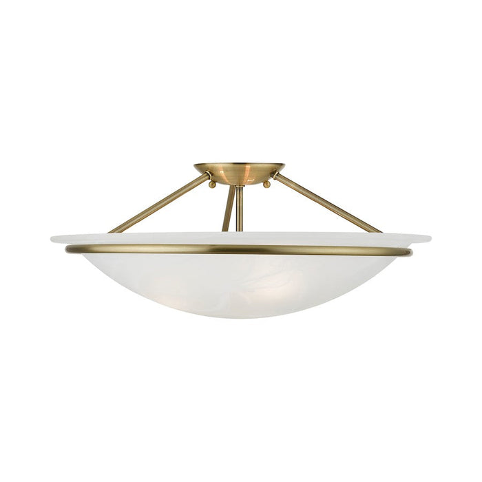 Livex Newburgh 3 Light Semi-Flush, Antique Brass/White Alabaster