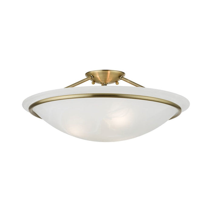 Livex Newburgh 3 Light Semi-Flush, Antique Brass/White Alabaster