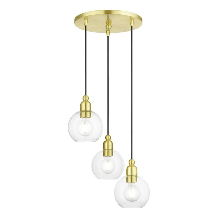 Livex Downtown 3 Light Sphere Multi Pendant, Satin Brass/Clear - 48973-12