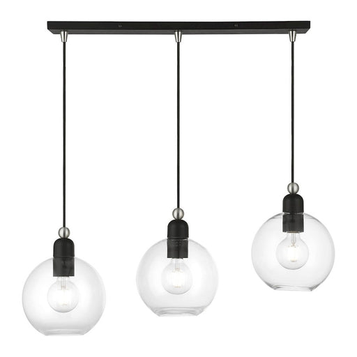 Livex Downtown 3 Light Sphere Linear Chandelier, Black/Nickel/Clear - 48974-04