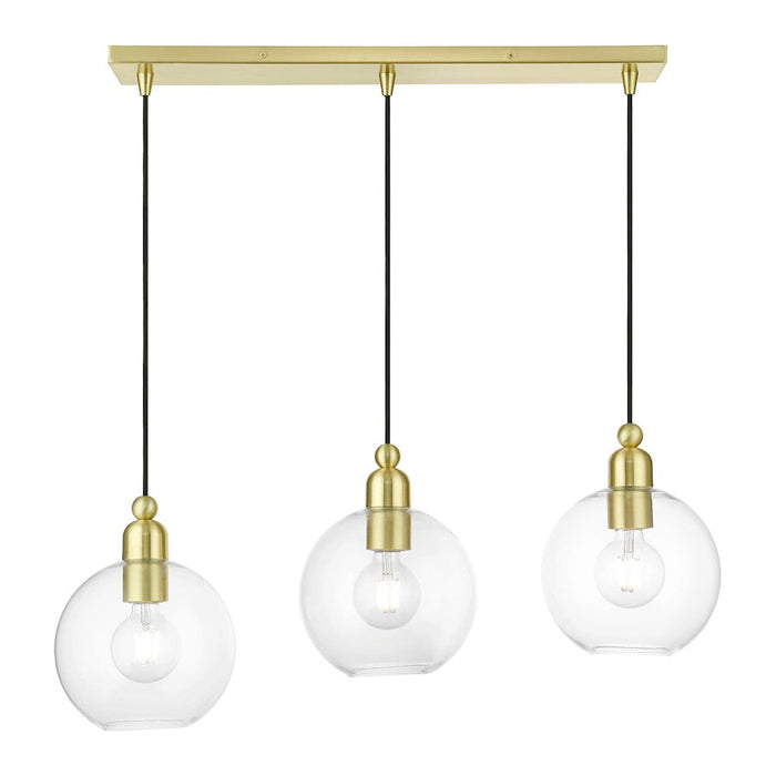 Livex Downtown 3 Light Sphere Linear Chandelier, Satin Brass/Clear - 48974-12