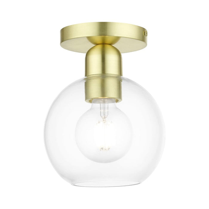 Livex Downtown 1 Light Sphere Semi-Flush, Satin Brass/Clear - 48977-12