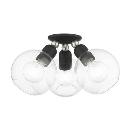 Livex Downtown 3 Light Sphere Semi-Flush, Black/Brushed Nickel/Clear - 48978-04