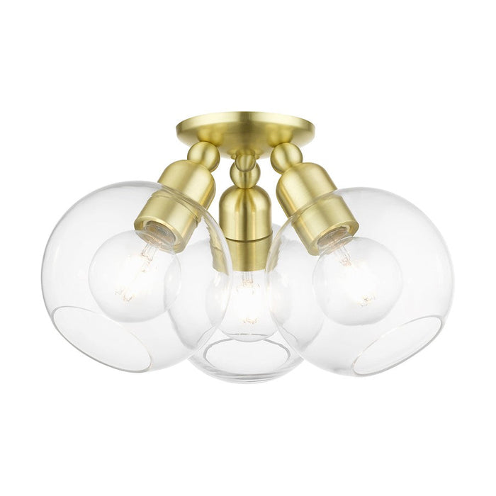 Livex Downtown 3 Light Sphere Semi-Flush, Satin Brass/Clear - 48978-12