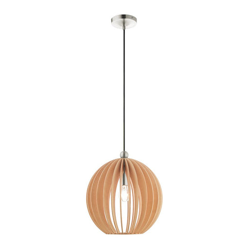 Livex Light Pendants 1 Light Pendant, Brushed Nickel/Round Wood Shade - 49099-91