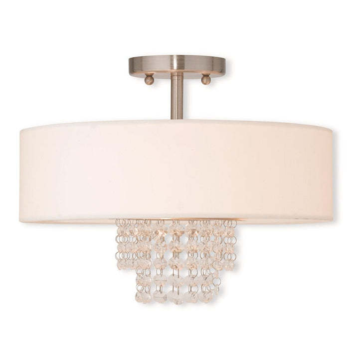 Livex Carlisle 3 Light Ceiling, Nickel/Crystals/Off-White Hardback - 51027-91