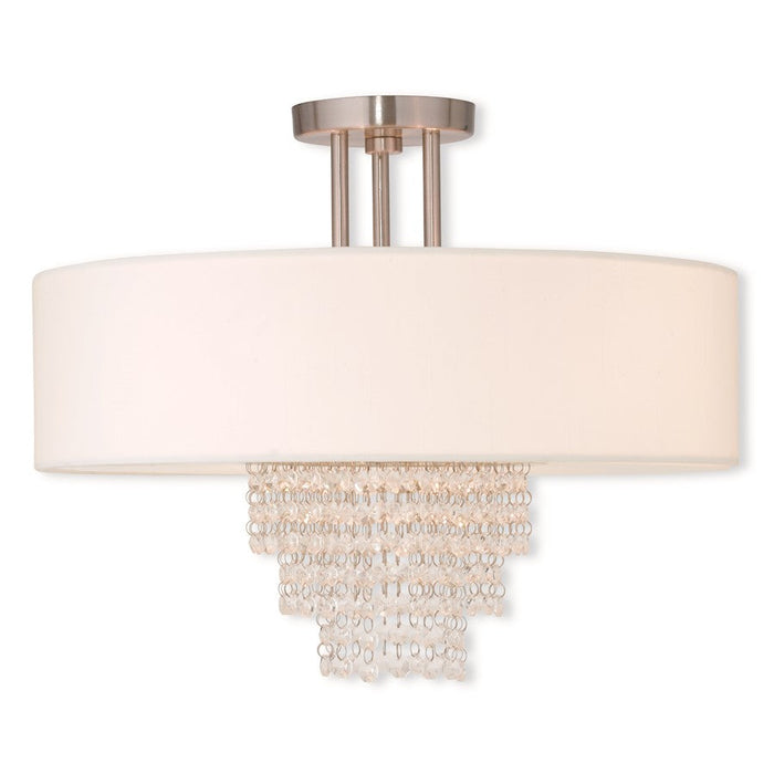 Livex Carlisle 4 Light Ceiling, Nickel/Crystals/Off-White Hardback - 51028-91