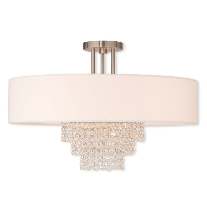 Livex Carlisle 5 Light Ceiling, Nickel/Crystals/Off-White Hardback - 51029-91