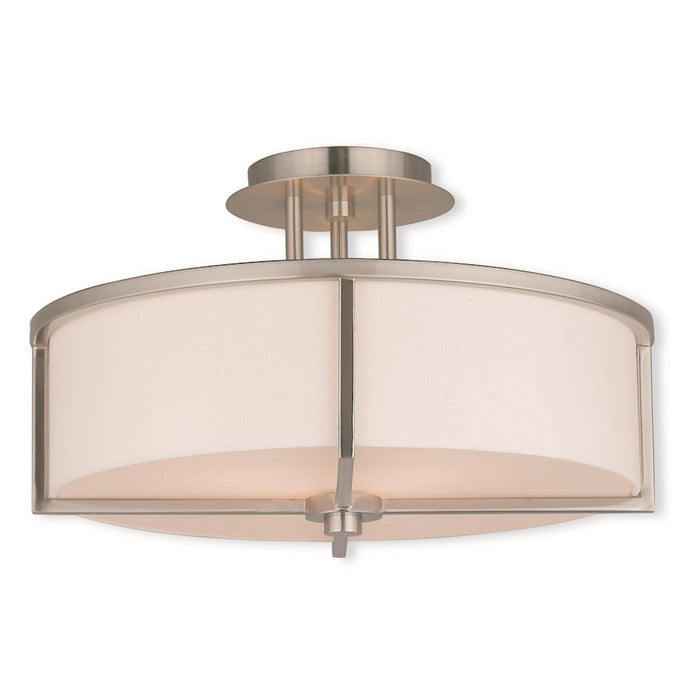 Livex Wesley 3 Light Ceiling Mount, Nickel/Off-White Hardback - 51074-91