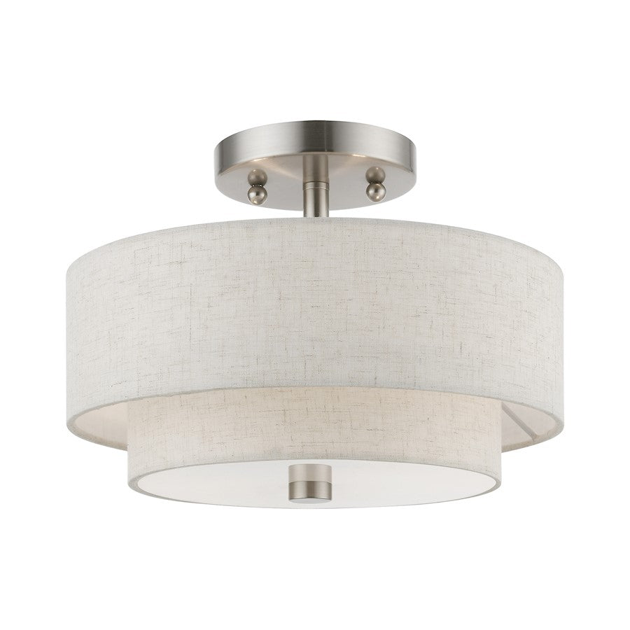 Livex Meridian 2 Light 11" Semi-Flush, Nickel/Oatmeal/White Fabric - 51082-91