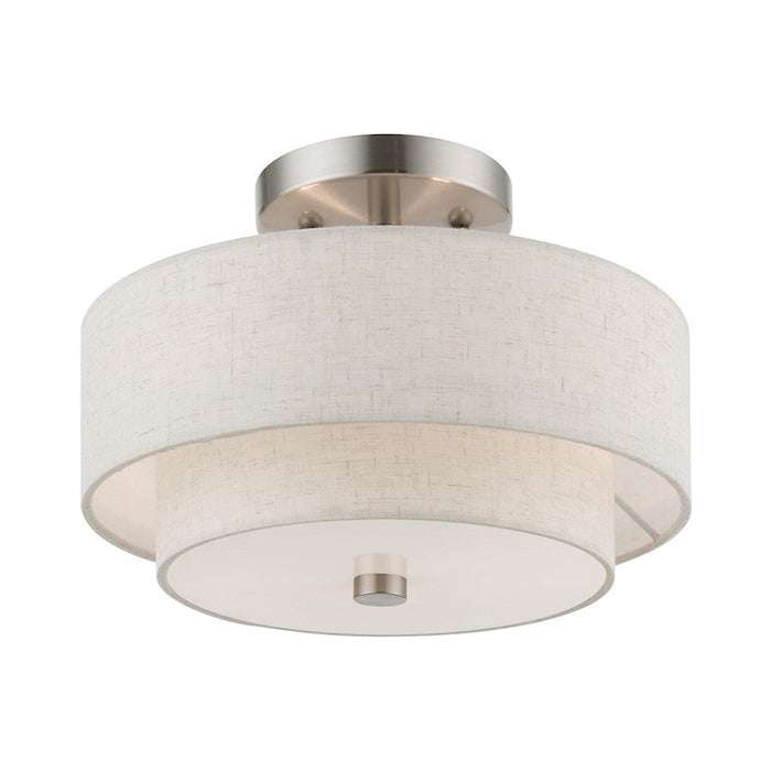 Livex Meridian 2 Light Semi-Flush, Nickel/Oatmeal/White Fabric