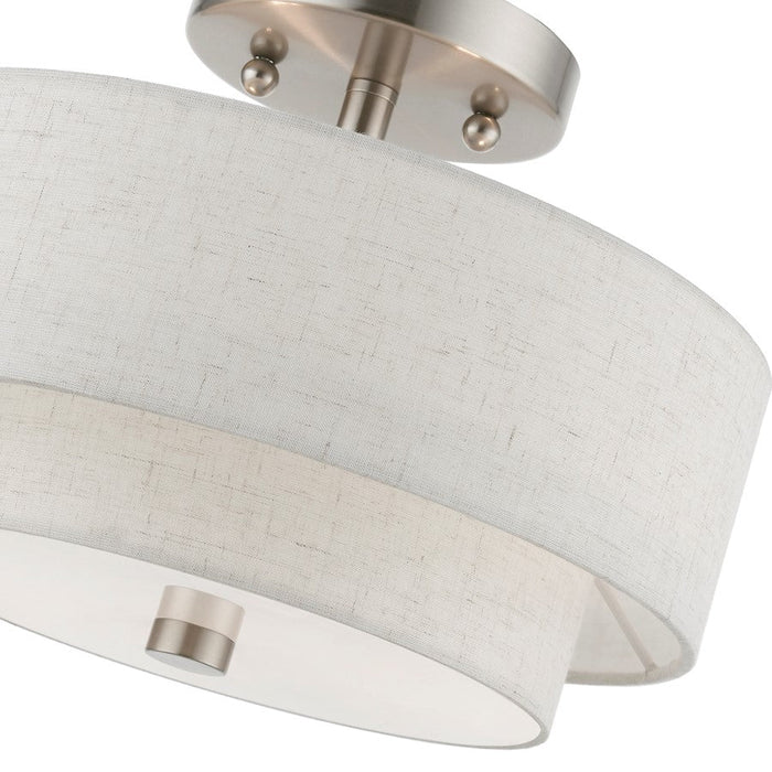 Livex Meridian 2 Light Semi-Flush, Nickel/Oatmeal/White Fabric