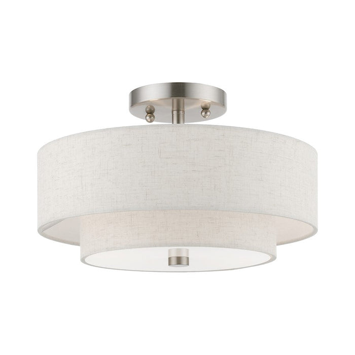 Livex Meridian 2 Light 13" Semi-Flush, Nickel/Oatmeal/White Fabric - 51083-91