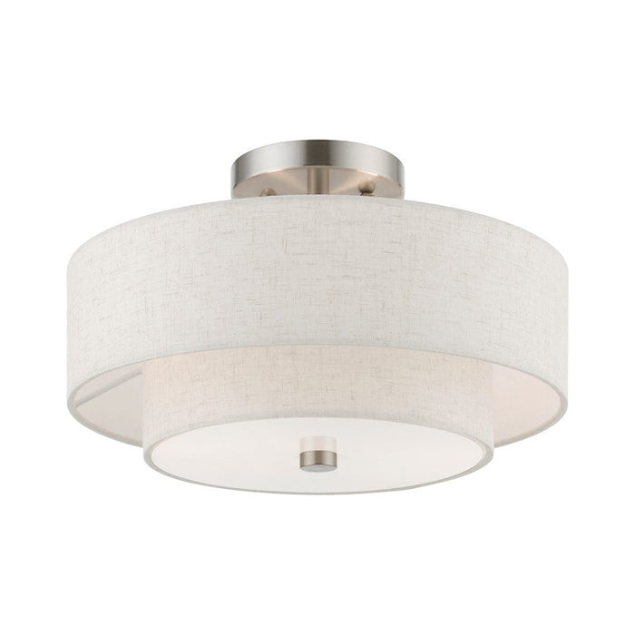 Livex Meridian 2 Light Semi-Flush, Nickel/Oatmeal/White Fabric