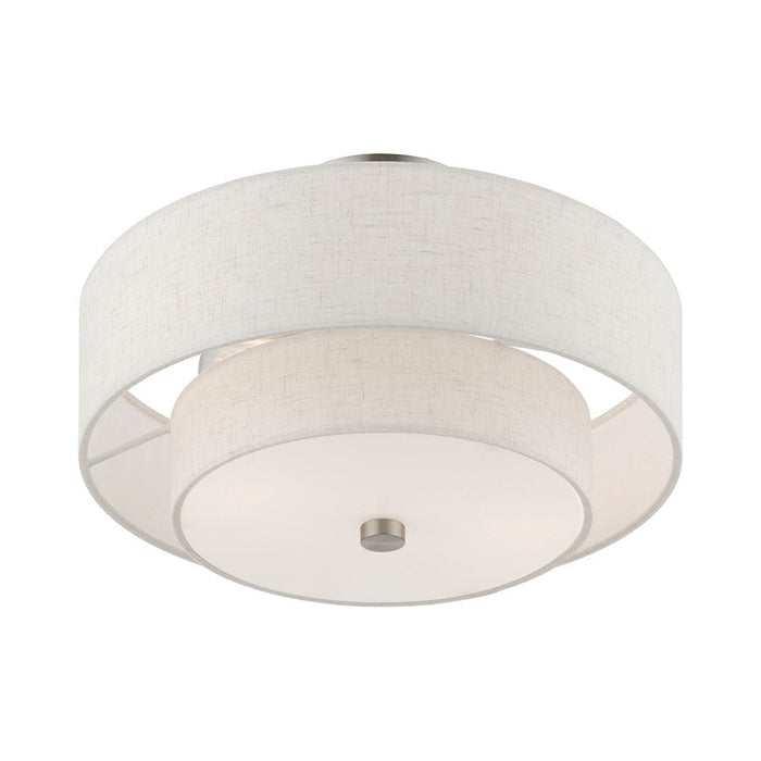 Livex Meridian 2 Light Semi-Flush, Nickel/Oatmeal/White Fabric