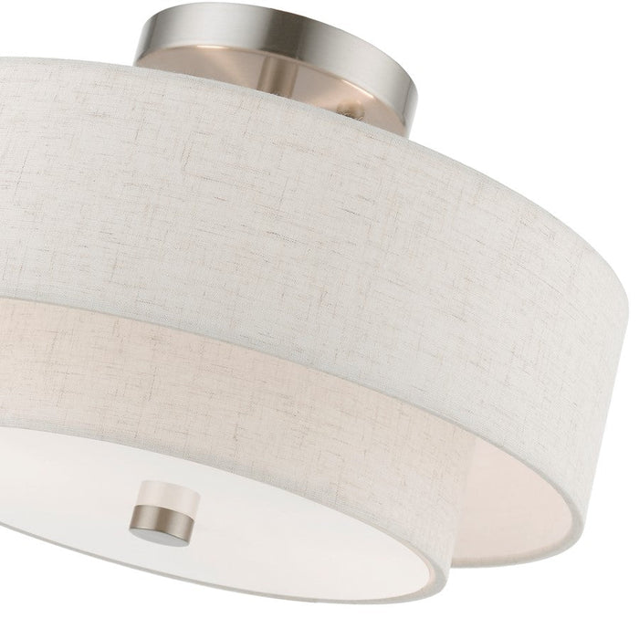 Livex Meridian 2 Light Semi-Flush, Nickel/Oatmeal/White Fabric