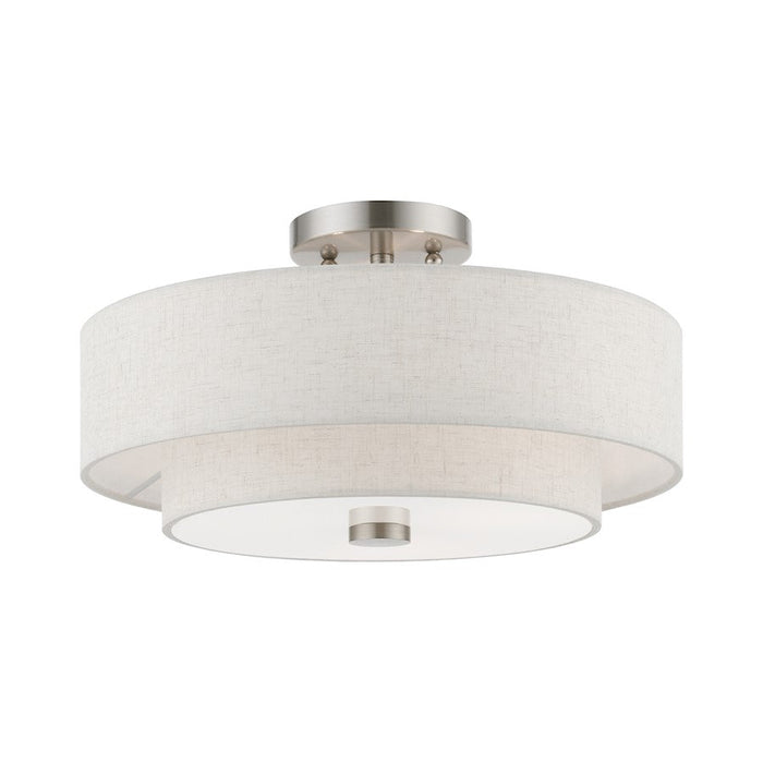 Livex Meridian 3 Light Semi-Flush, Nickel/Oatmeal/White Fabric - 51084-91